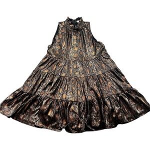 TCEC Metallic Snakeskin Print Tiered Swing Dress Sleeveless Mock Neck L